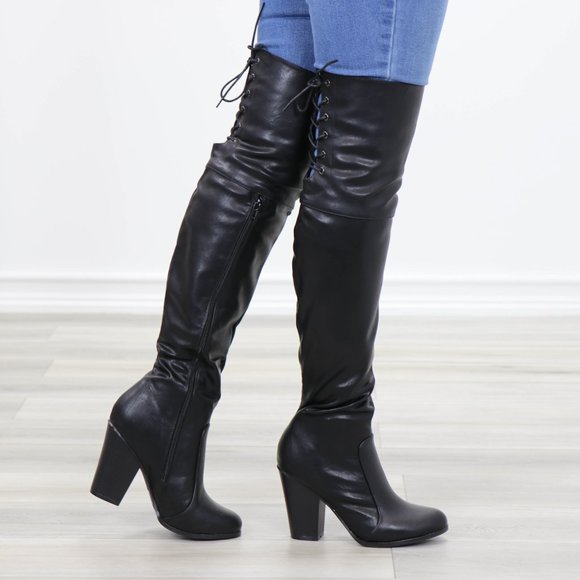 Restock Faux Leather Thigh High Boots Lace Up Back - Picture 6 of 16